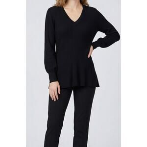 Cupio Ribbed Medium Solid Black V Neck Sweater Viscose Acrylic